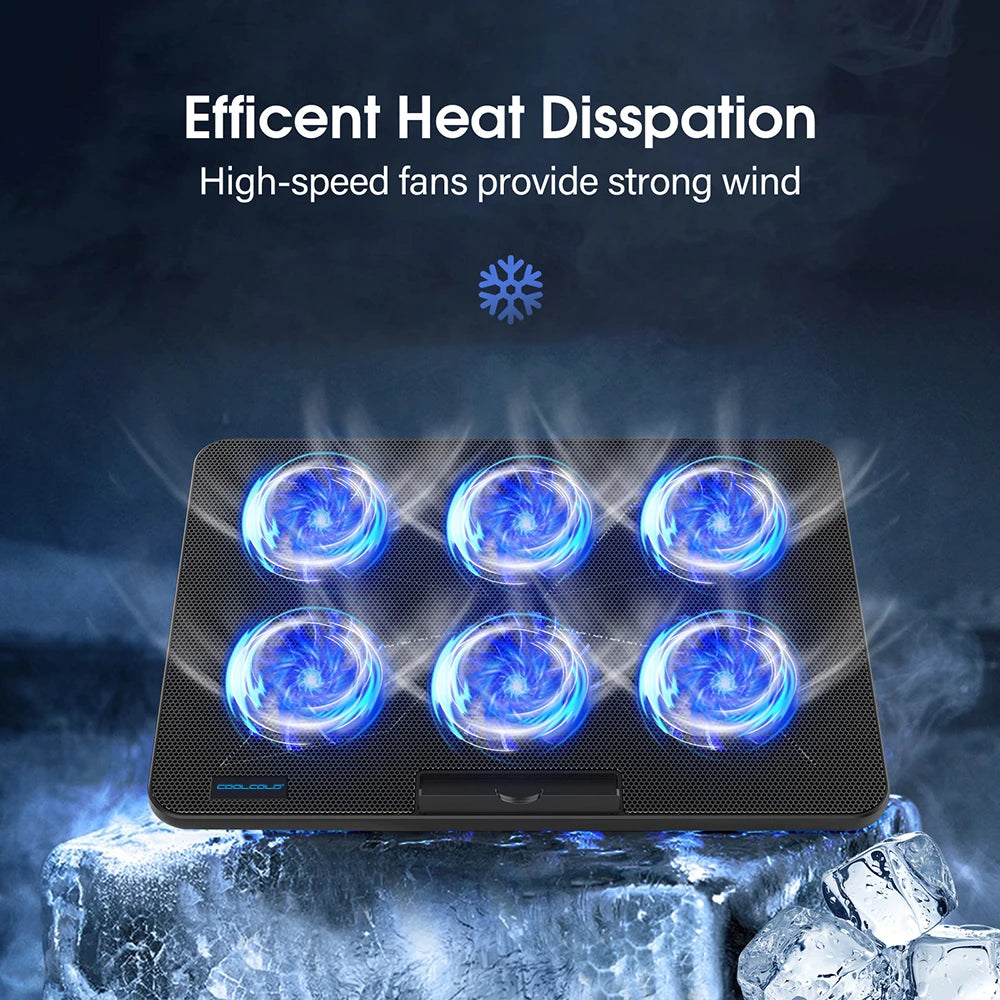 Coolcold 15.6-17.3inch Laptop Cooling Pad with 6 Quiet Fans,7 Height Wind Speed Adjustable,Laptop Cooer With Mobile Phone holder Solveify