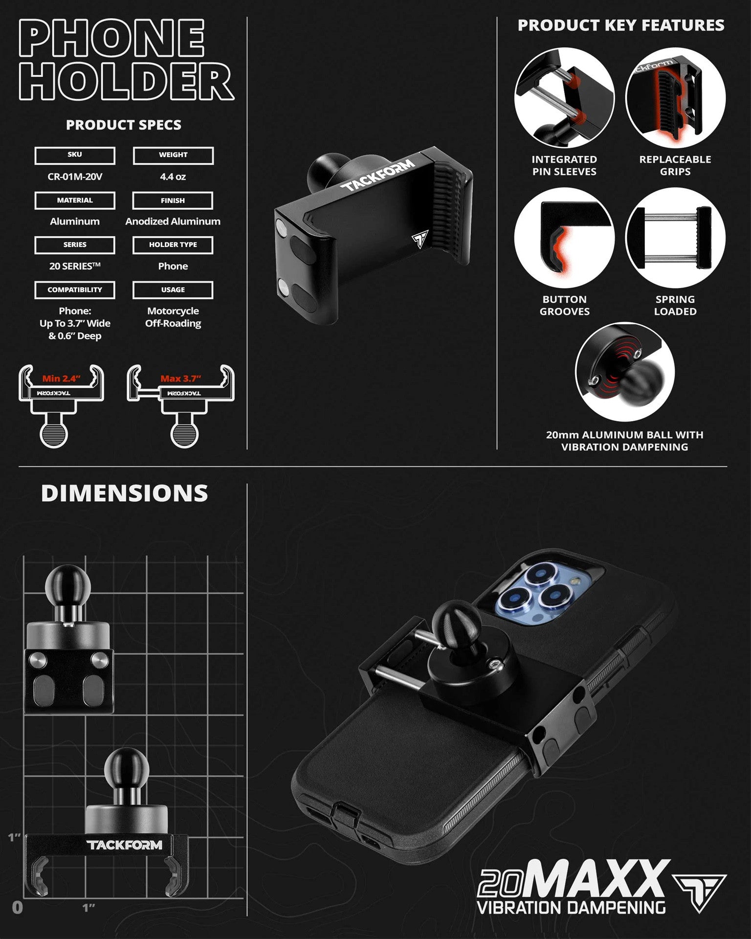 BLACK 20MAXX HIGH SPRING TENSION MOTORCYCLE CRADLE FOR IPHONE GRIP'R